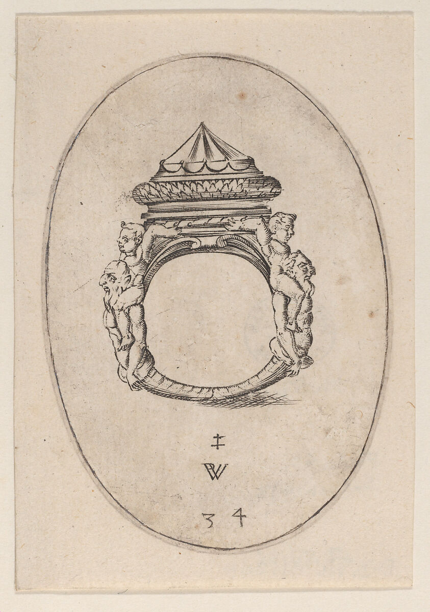 Design for a Ring with a Large Faceted Gemstone, Plate 34 from 'Livre d'Aneaux d'Orfevrerie', Pierre Woeiriot de Bouzey II (French, Neufchâteau 1532–1599 Damblain), Engraving 