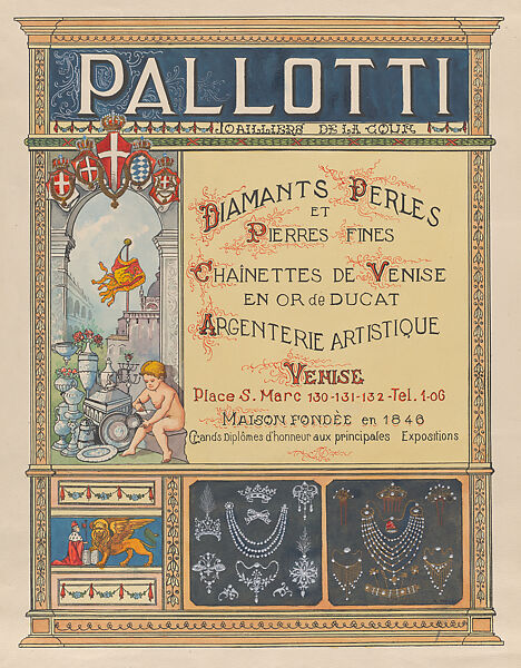 Design for a Poster or Advertisement for the Venetian Jeweler Pallotti, A. Melo (Italian, active early 20th century), Pen and ink, watercolor, silver and gold paint 