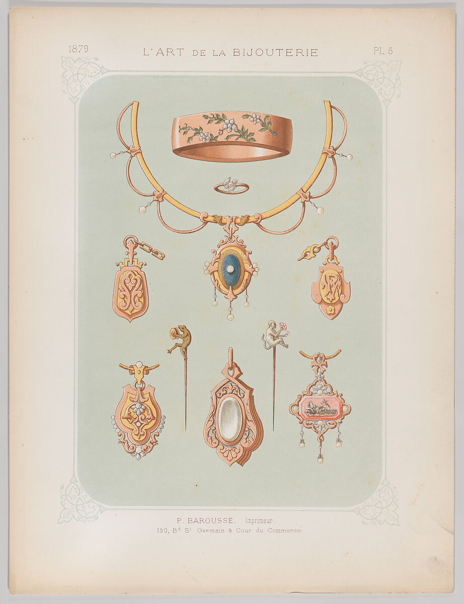 Jewelry Designs in Gold and Rose Gold, Plate 5 from "L'Art de la Bijouterie", Jean Francois Barousse (French, Saint-Bertrand 1824–1890 (?)), Color lithograph 