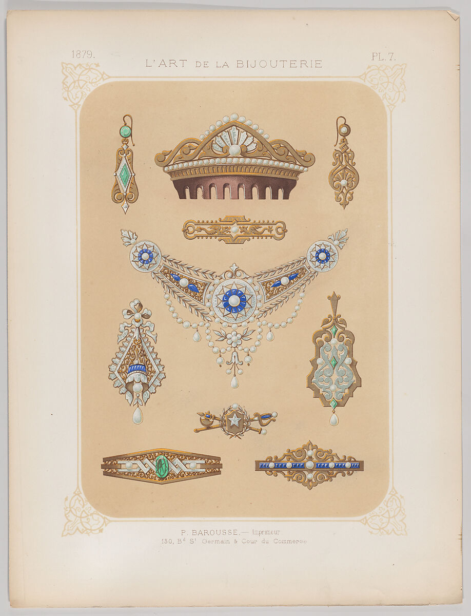 Jewelry Designs in Gold, Diamonds and Other Precious Stones, Plate 7 from "L'Art de la Bijouterie", Jean Francois Barousse (French, Saint-Bertrand 1824–1890 (?)), Color lithograph 