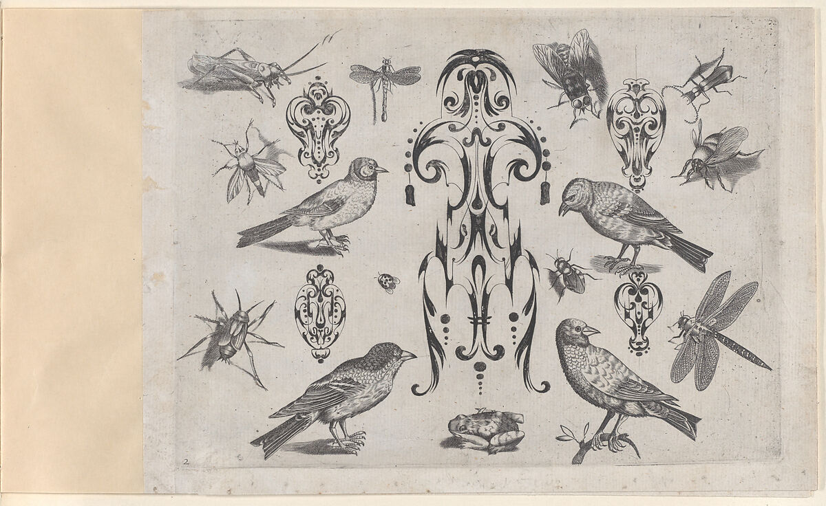 Blackwork Designs with Birds and Insects, Plate 2 from a Series of Blackwork Ornaments combined with figures, birds, animals and flowers, Meinert Gelijs (Dutch, active ca. 1610–1630), Blackwork and Engraving 
