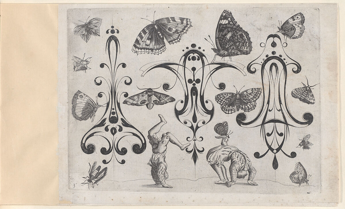 Blackwork Designs with Acrobats, Butterflies and Other Insects, Plate 3 from a Series of Blackwork Ornaments combined with Figures, Birds, Animals and Flowers, Meinert Gelijs (Dutch, active ca. 1610–1630), Blackwork and Engraving 