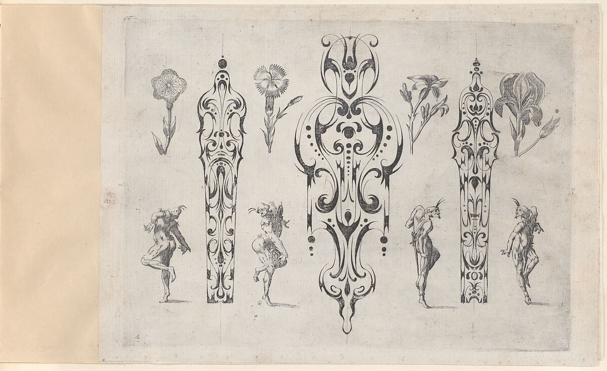 Blackwork Designs with Flowers and Commedia dell'Arte Figures, Plate 4 from a Series of Blackwork Ornaments combined with Figures, Birds, Animals and Flowers, Meinert Gelijs (Dutch, active ca. 1610–1630), Blackwork and Engraving 
