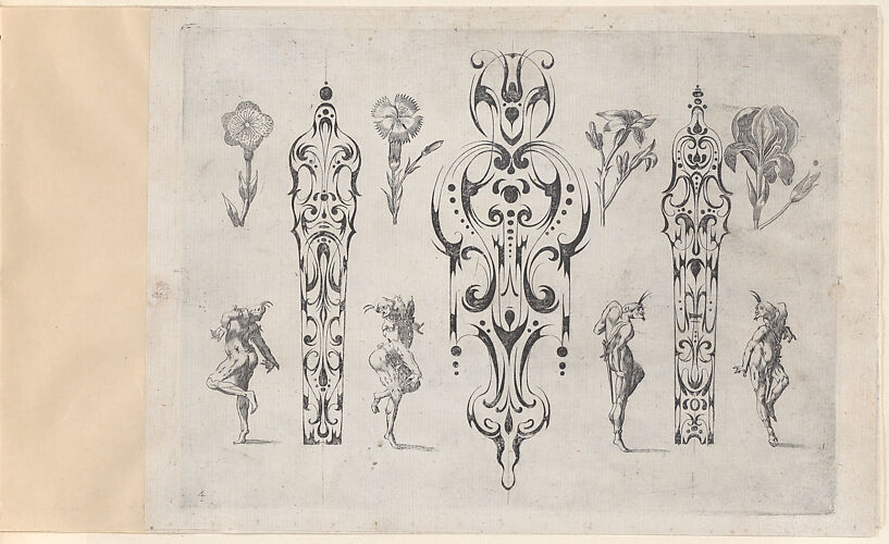 Blackwork Designs with Flowers and Commedia dell'Arte Figures, Plate 4 from a Series of Blackwork Ornaments combined with Figures, Birds, Animals and Flowers
