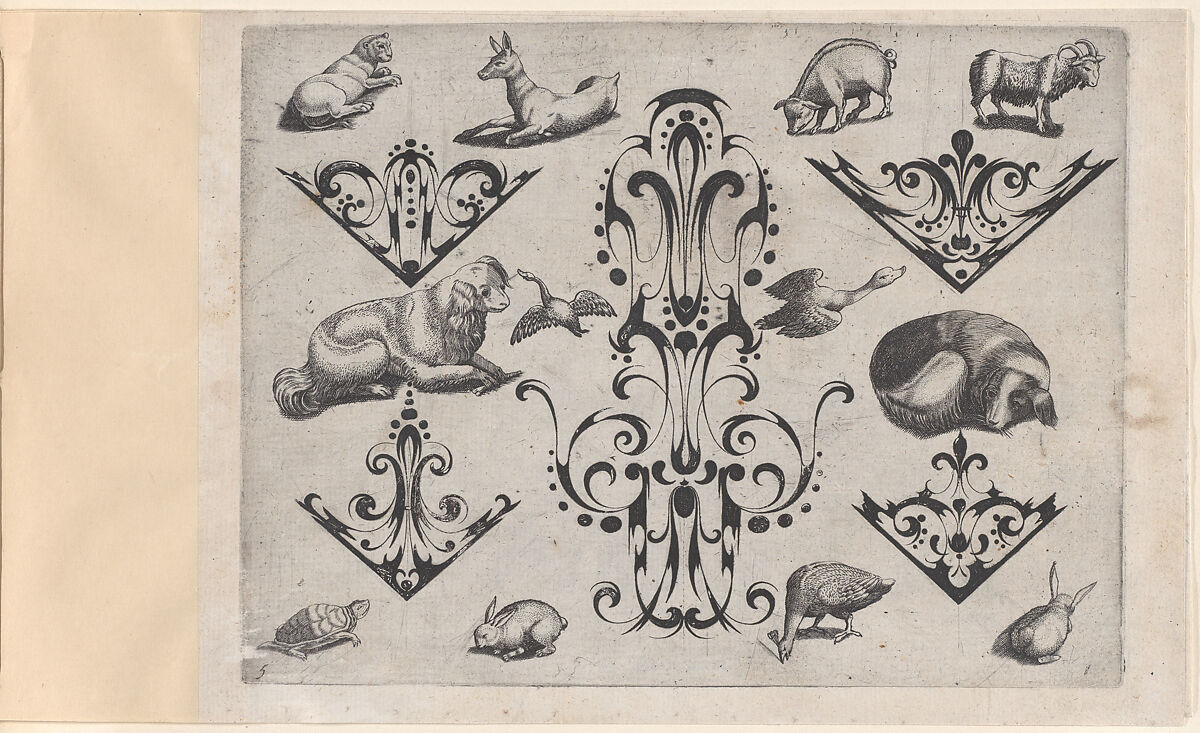 Blackwork Designs with Various Mammals and Birds, Plate 5 from a Series of Blackwork Ornaments combined with Figures, Birds, Animals and Flowers, Meinert Gelijs (Dutch, active ca. 1610–1630), Blackwork and Engraving 