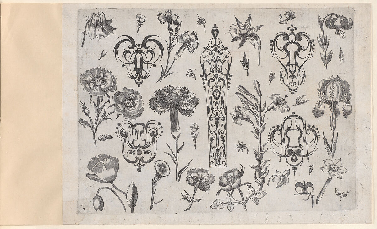Blackwork Designs with Flowers, Plate 6 from a Series of Blackwork Ornaments combined with Figures, Birds, Animals and Flowers, Meinert Gelijs (Dutch, active ca. 1610–1630), Blackwork and Engraving 