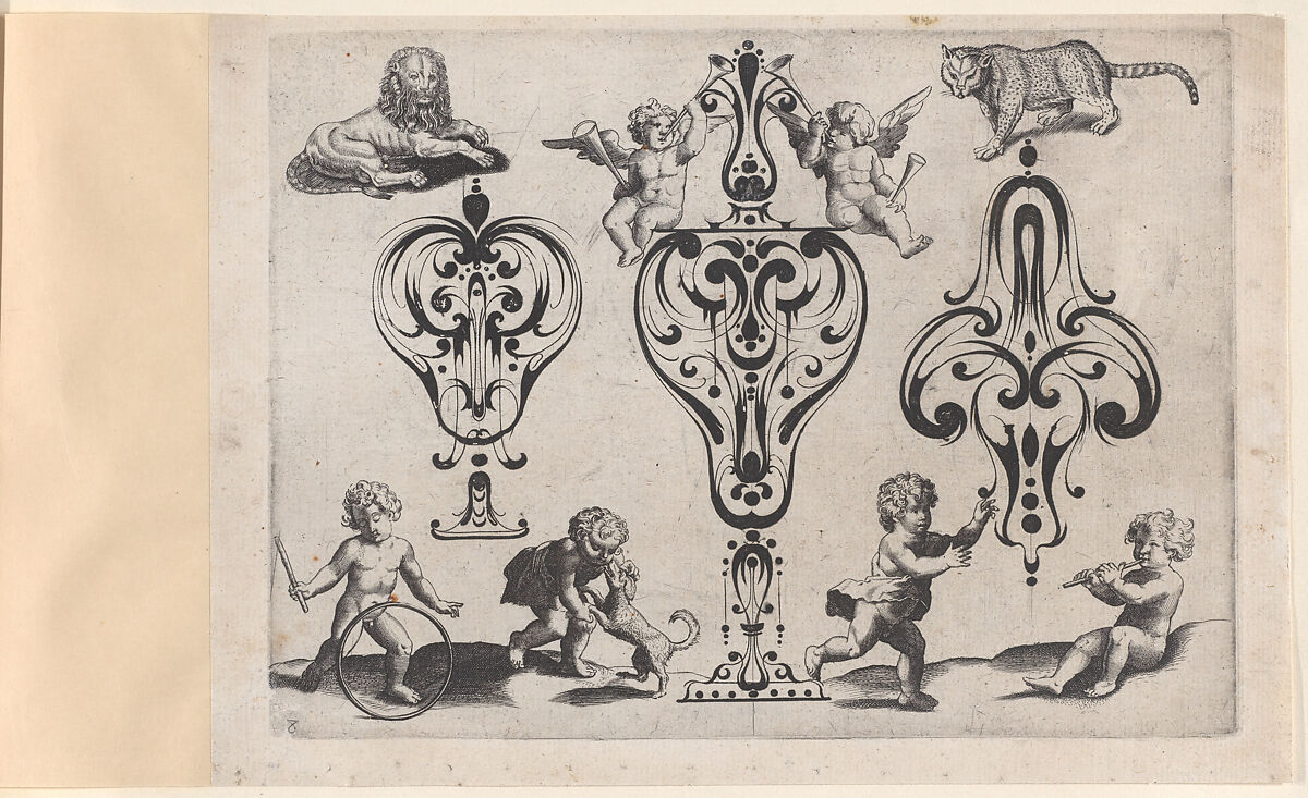 Blackwork Designs with Putti and Felines, Plate 8 from a Series of Blackwork Ornaments combined with Figures, Birds, Animals and Flowers, Meinert Gelijs (Dutch, active ca. 1610–1630), Blackwork and Engraving 