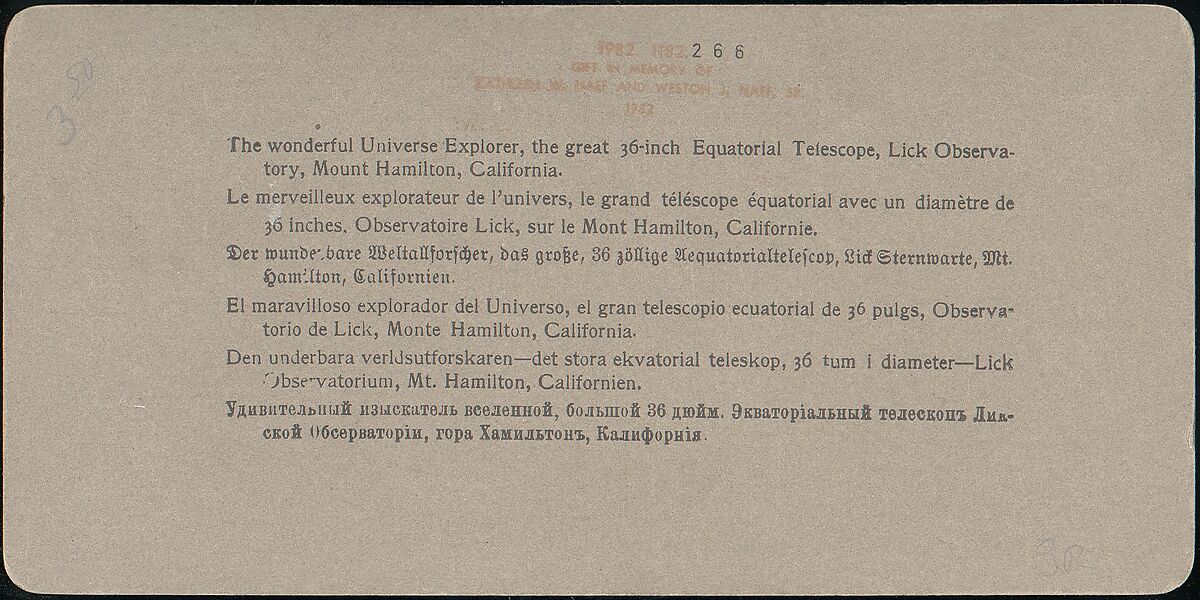 The Wonderful Universe Explorer, The Great 36-inch Equatorial Telescope, Lick Observatory, Mt. Hamilton, California, Underwood &amp; Underwood (American), Albumen silver prints