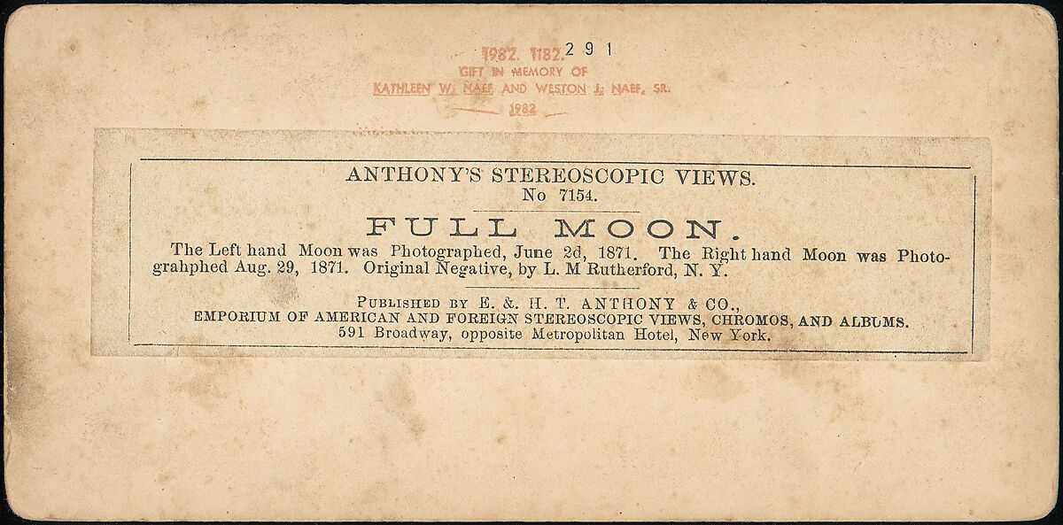 Full Moon: The Left Hand Moon was Photographed June 2nd, 1871. The Right Hand Moon was Photographed Aug. 29, 1871, Lewis Morris Rutherfurd (American, New York 1816–1892 Tranquility, New Jersey), Albumen silver print