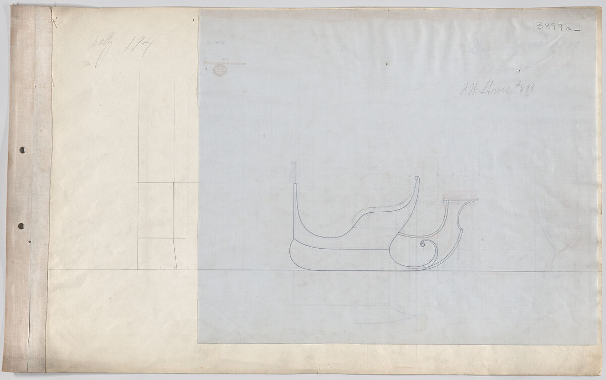 Tub/Carriole  Sleigh  #3899, Brewster &amp; Co. (American, New York), Graphite and red crayon on wove paper with perforated linen tape adhered to left edge for binding. Overlay of graphite on glazed linen tracing paper. 
