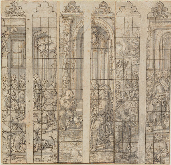 Three Designs for Stained-Glass Windows in King’s College Chapel, Cambridge, Dirck Vellert  Netherlandish, Pen and brown ink with grey wash over black chalk on paper