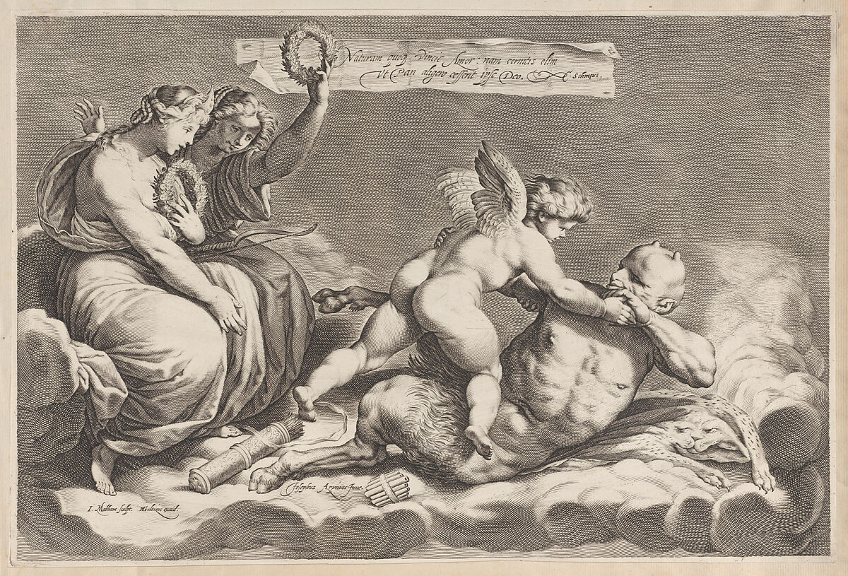 Cupid wrestling with Pan, amongst the clouds, with two allegorical women seated at left, Jacob Matham (Netherlandish, Haarlem 1571–1631 Haarlem), Engraving; second state of five 