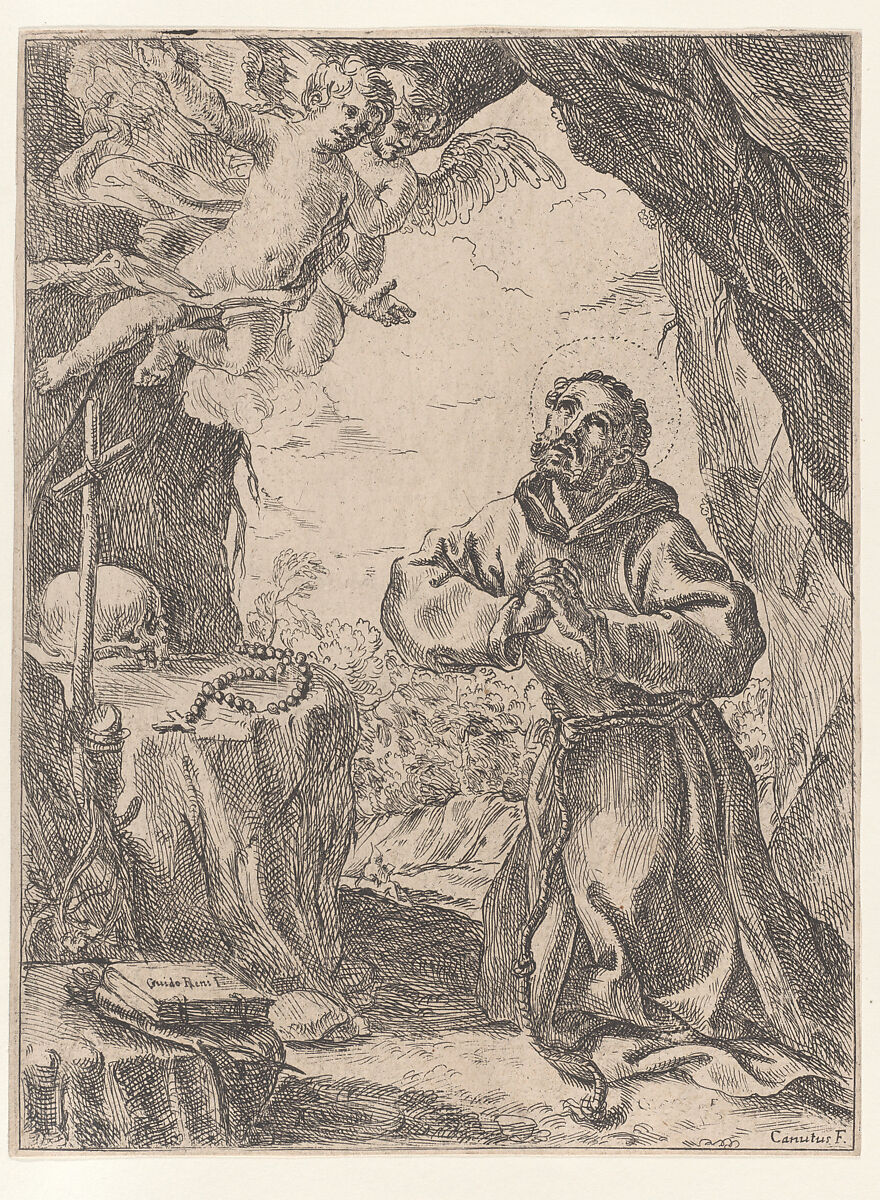 Saint Francis of Assisi, kneeling before a crucifix with two angels at upper left, Domenico Maria Canuti (Italian, Bologna 1625–1684 Bologna), Etching 