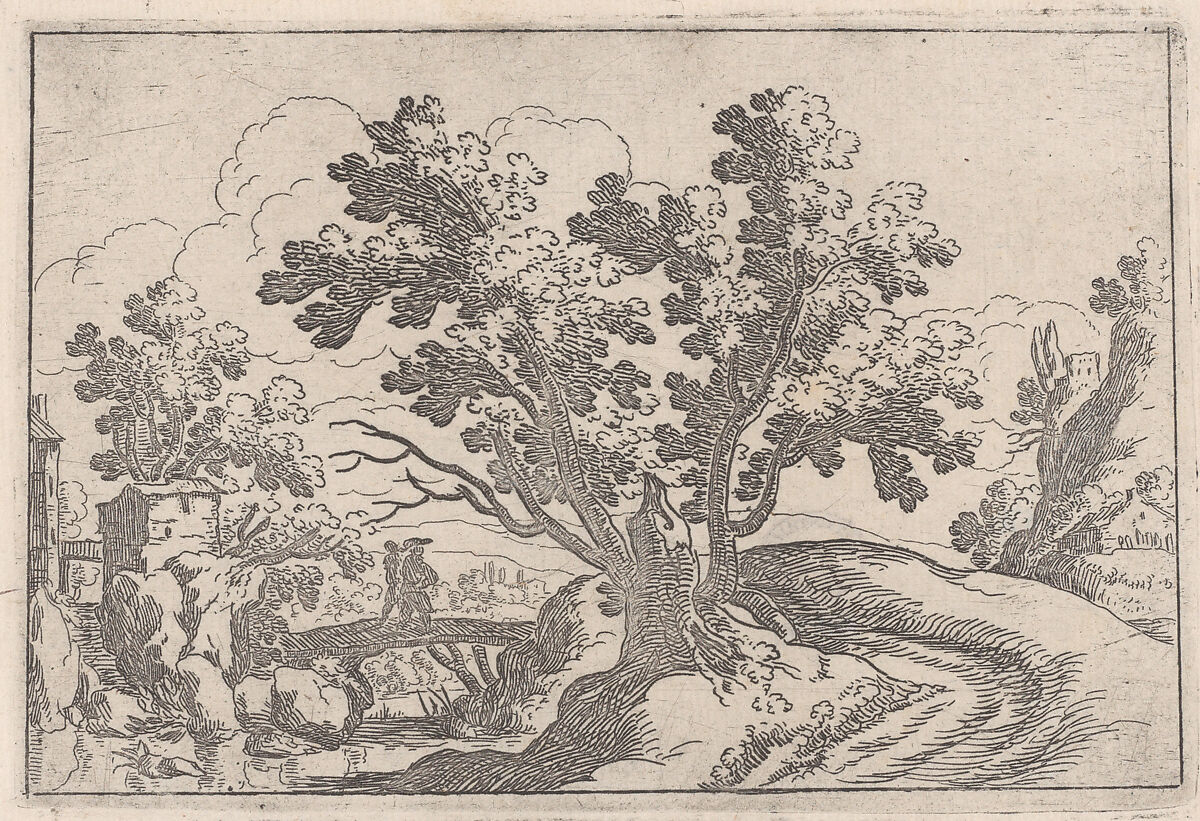 Landscape with a wooden bridge and two figures, Remigio Cantagallina (Italian, Borgo Sansepolcro ca. 1582–1656 Florence), Etching 