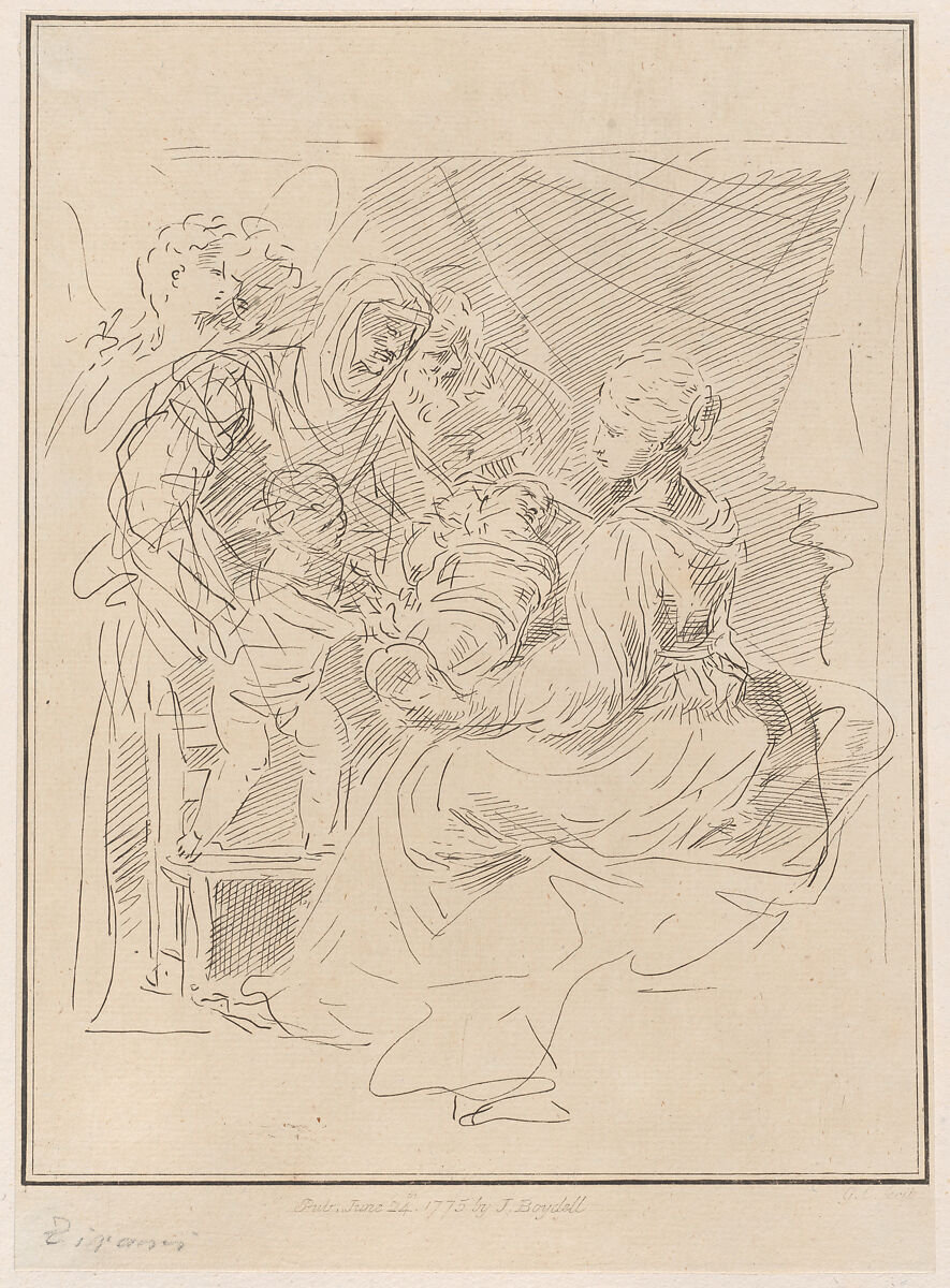 The Holy Family with the infant Saint John the Baptist, and other saints and angels, Giuseppe Canale (Italian, Rome 1725–1802 Dresden), Etching 