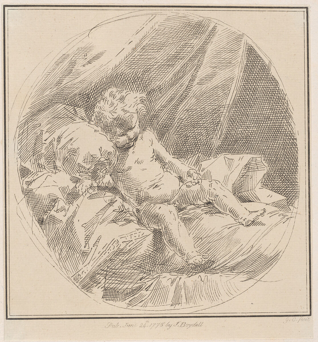 Putto reclining on a bed, Giuseppe Canale (Italian, Rome 1725–1802 Dresden), Etching 