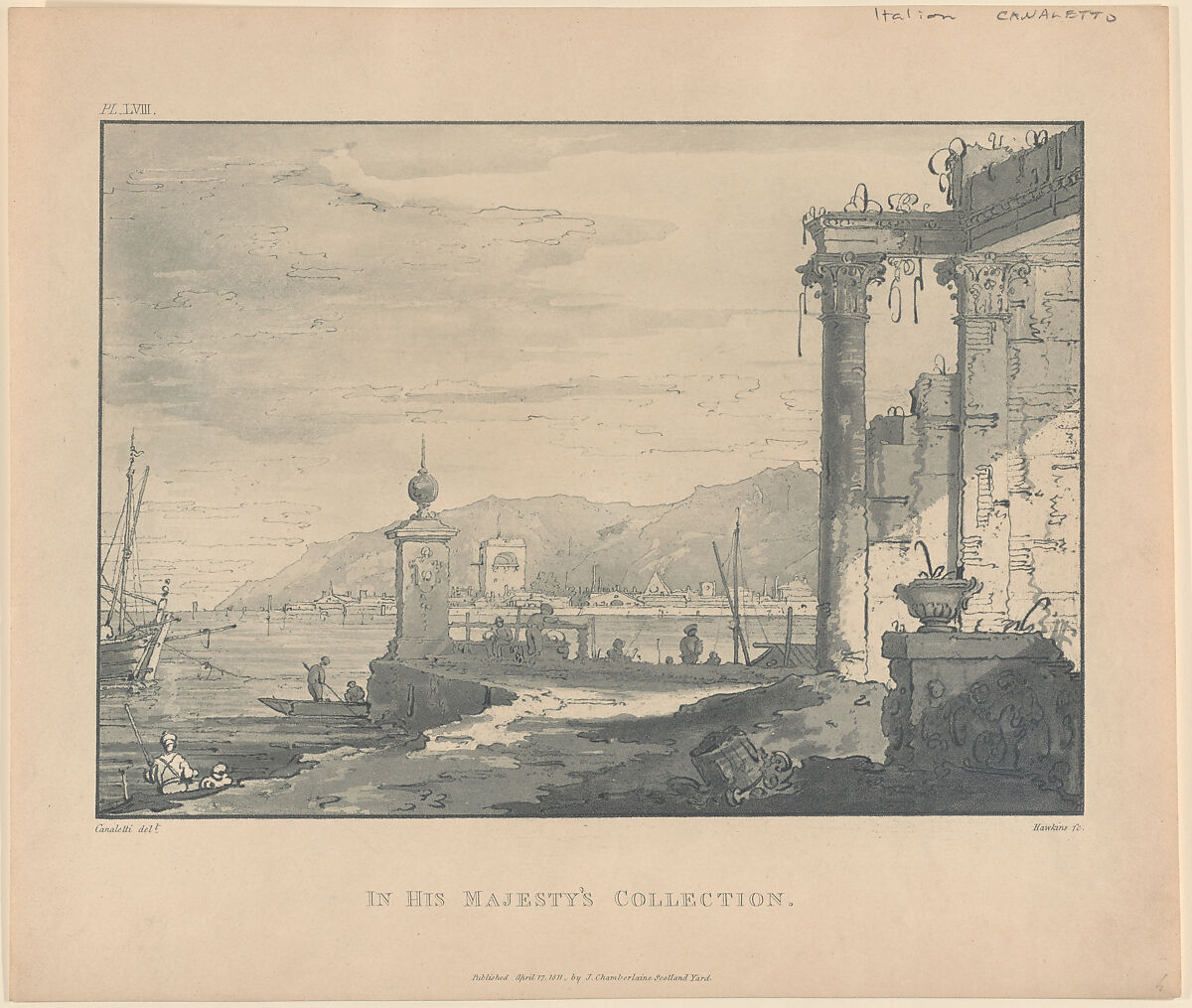 A coastal scene with a classical ruin at right, George Hawkins, the elder (British, active 1795–1820), Etching and aquatint in dark blue 