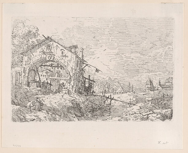 Woman drawing water from a well beneath an arcade at left, with a landscape at right