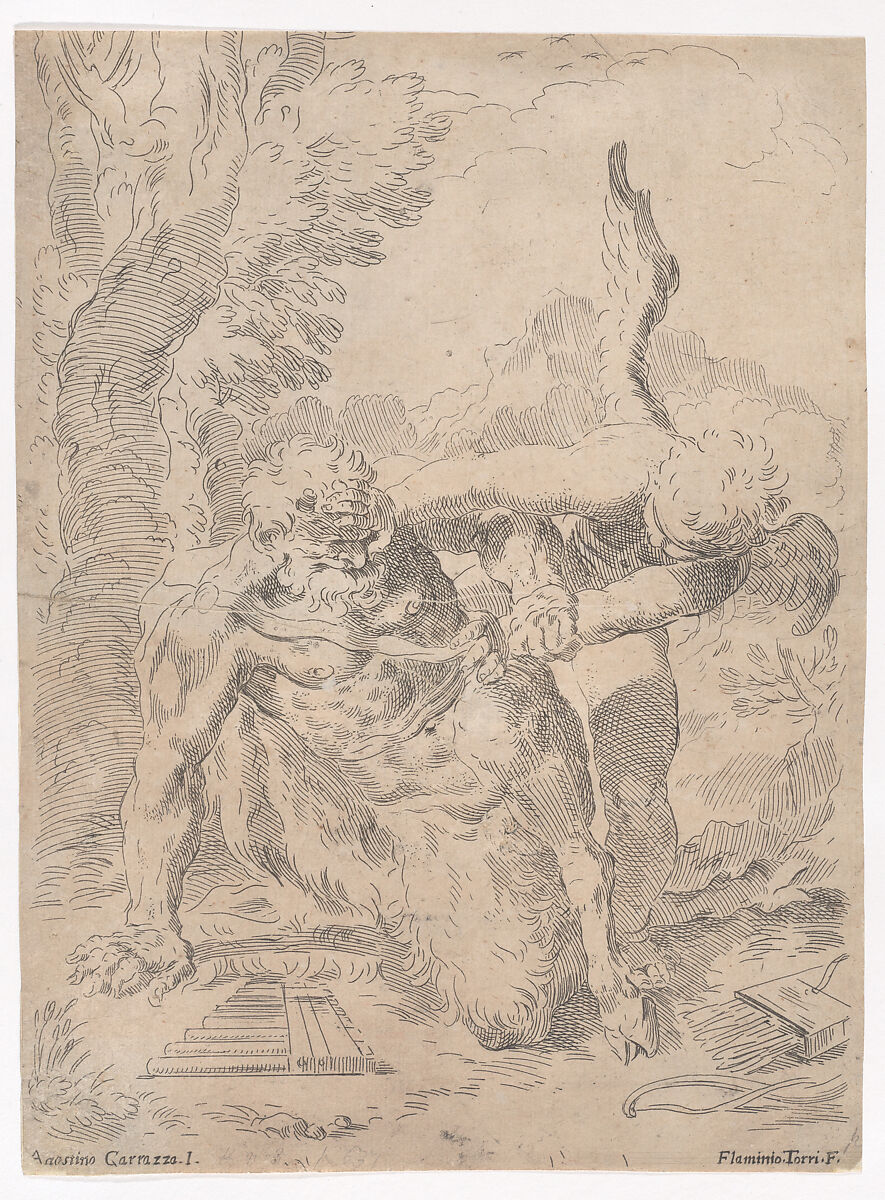 Pan and Cupid, Flaminio Torre (Torri) (Italian, Bologna 1620–1661 Modena), Etching 