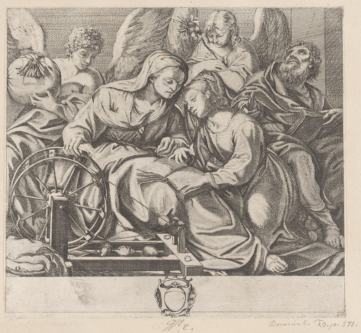 Saint Anne teaches the young Virgin how to read, Attributed to Domenico Maria Bonavera (Italian, 1653–1731), Etching 