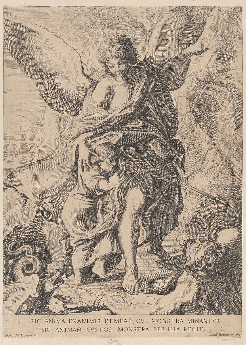 Guardian angel leading a child through danger, with a snake at lower left and a demon at lower right, Domenico Maria Bonavera (Italian, 1653–1731), Etching 