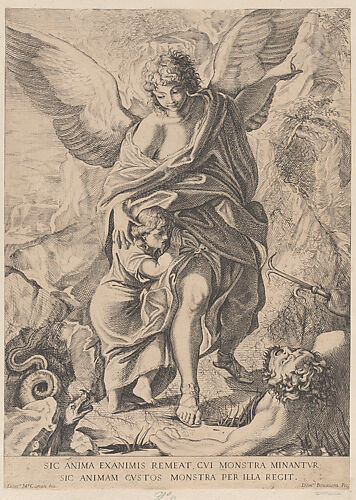 Guardian angel leading a child through danger, with a snake at lower left and a demon at lower right
