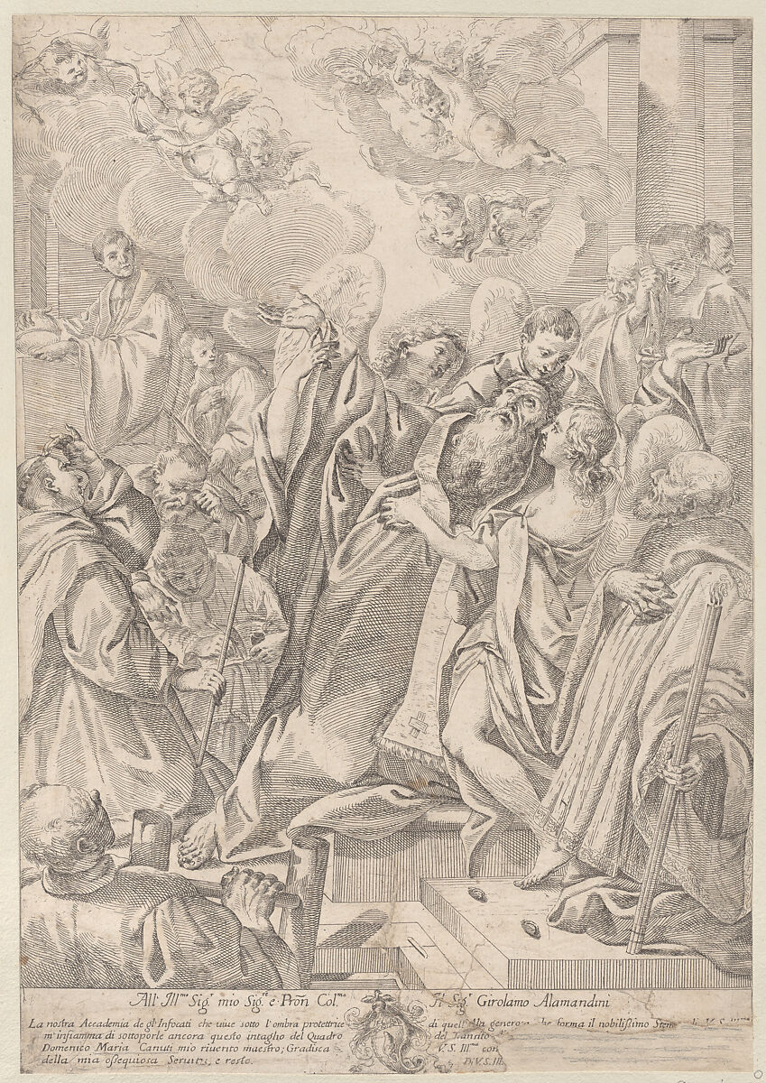 A saint at right, Saint John Nepomuk (?), surrounded by figures, raising his hands towards angels at upper left, Anonymous, Etching 
