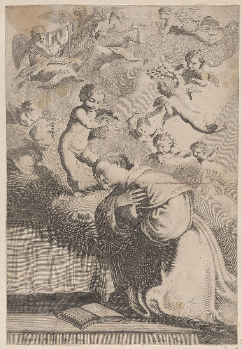 A male saint kneeling before the Christ child, Anonymous (Il Buono), Engraving 