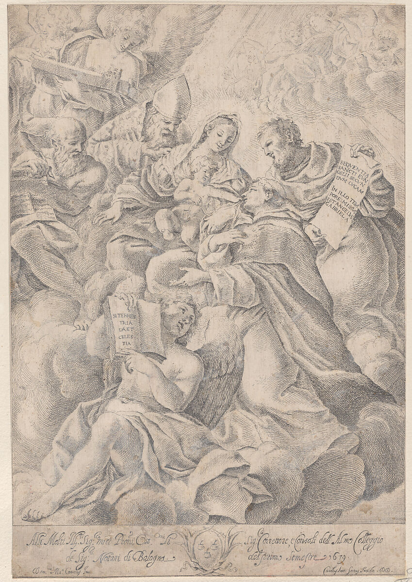 A male saint kneeling before the Christ child, Carlo Antonio Forti (Italian, Parma 1657–1732 Modena), Etching 