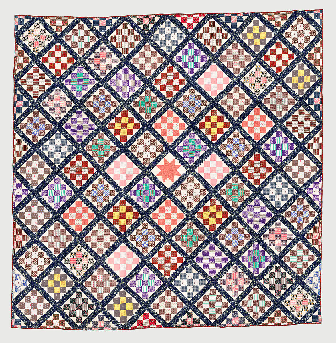 Thirteen-patch block quilt with Japanesque backing fabric, Unknown Maker, American, Cotton, American 