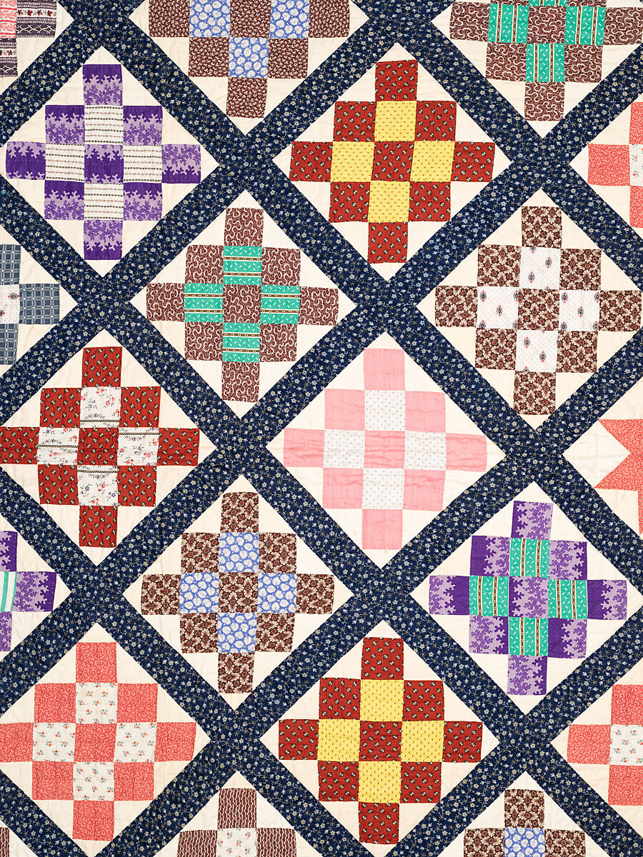 Thirteen-patch block quilt with Japanesque backing fabric, Unknown Maker, American, Cotton, American