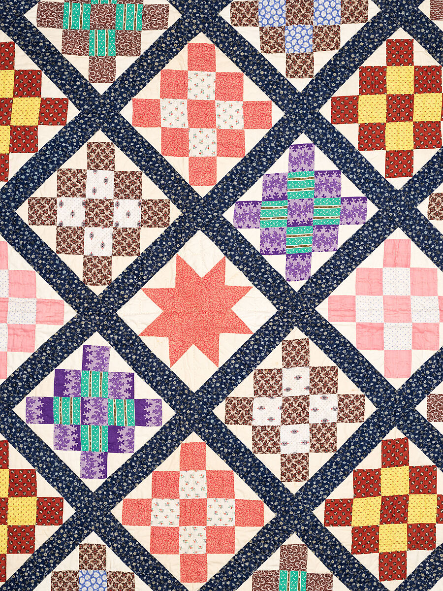 Thirteen-patch block quilt with Japanesque backing fabric, Unknown Maker, American, Cotton, American