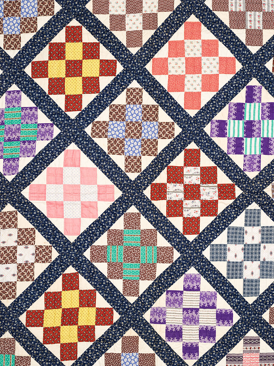 Thirteen-patch block quilt with Japanesque backing fabric, Unknown Maker, American, Cotton, American