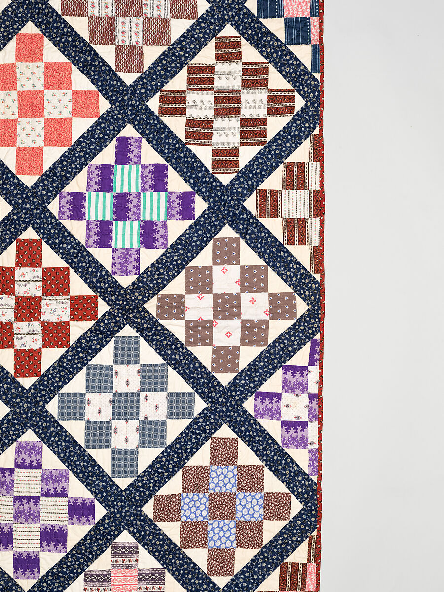 Thirteen-patch block quilt with Japanesque backing fabric, Unknown Maker, American, Cotton, American