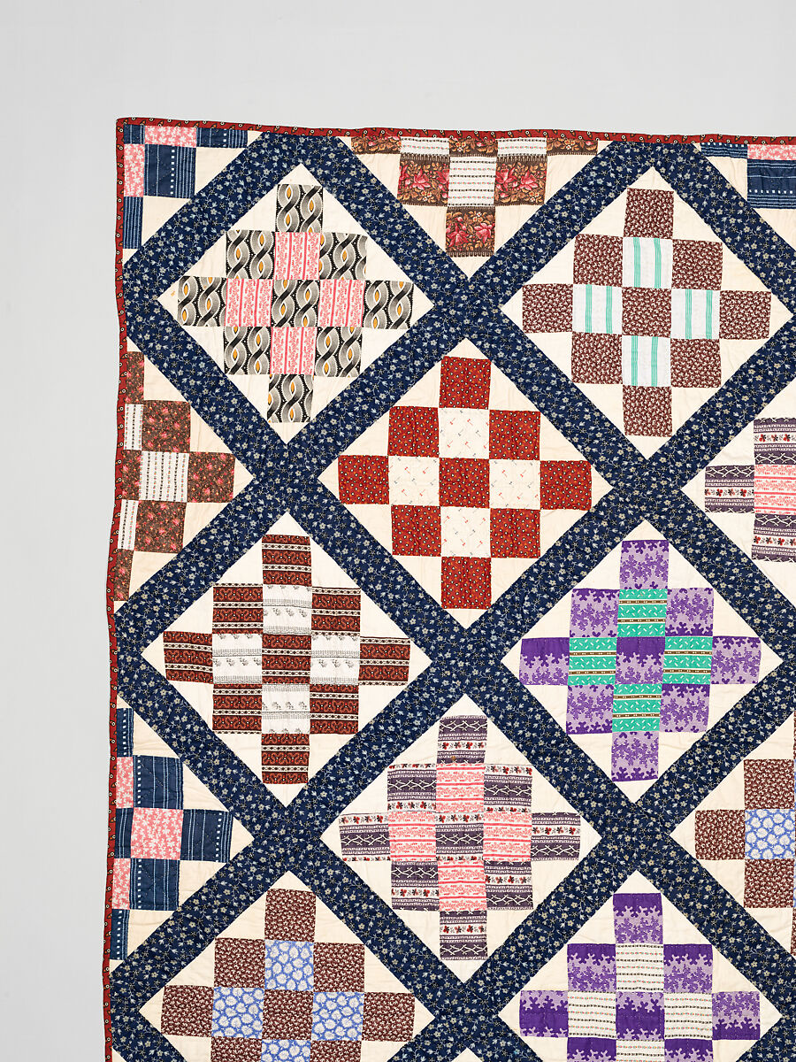Thirteen-patch block quilt with Japanesque backing fabric, Unknown Maker, American, Cotton, American