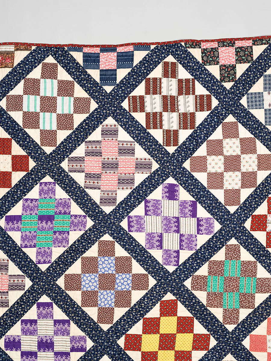 Thirteen-patch block quilt with Japanesque backing fabric, Unknown Maker, American, Cotton, American