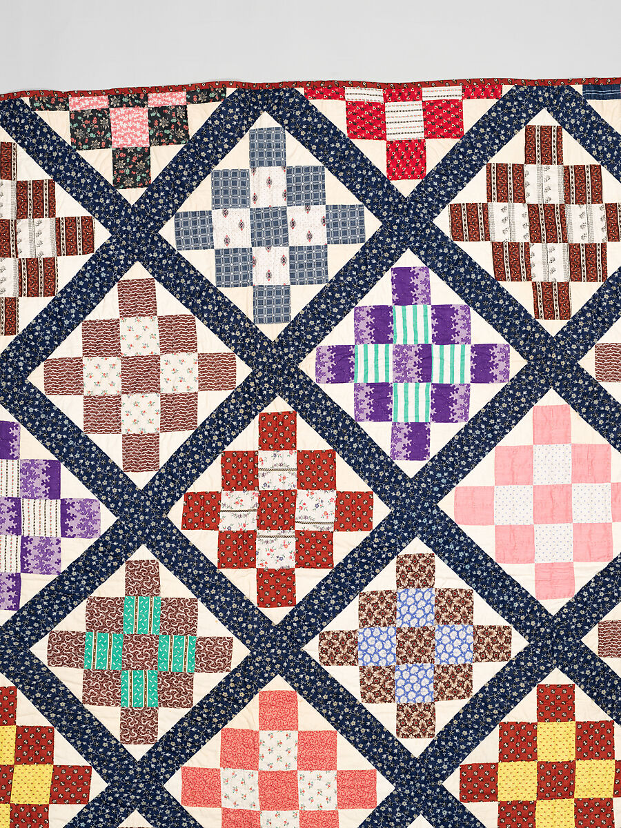 Thirteen-patch block quilt with Japanesque backing fabric, Unknown Maker, American, Cotton, American