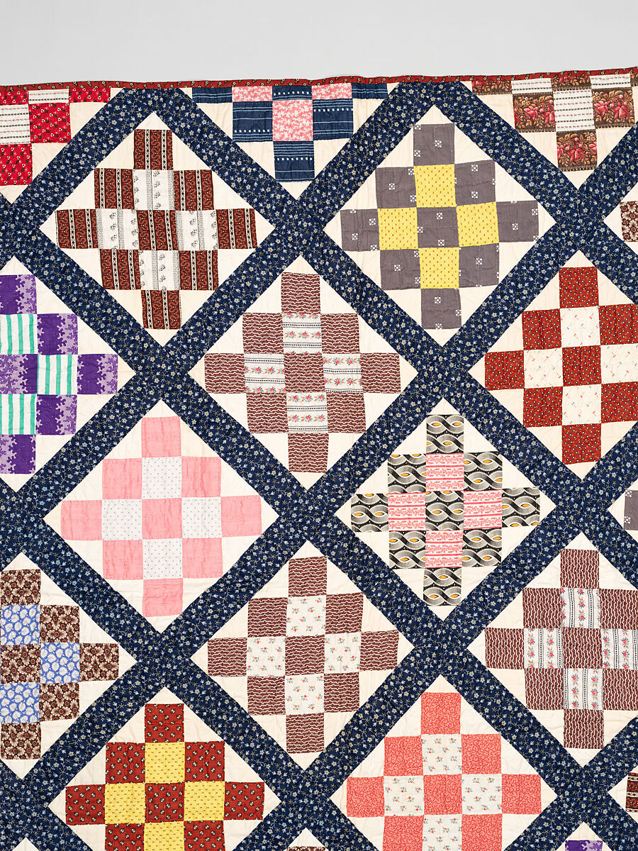 Thirteen-patch block quilt with Japanesque backing fabric, Unknown Maker, American, Cotton, American