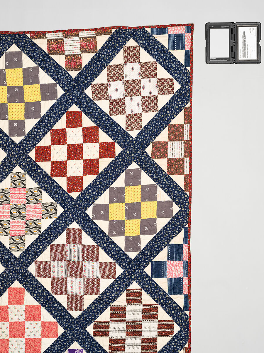 Thirteen-patch block quilt with Japanesque backing fabric, Unknown Maker, American, Cotton, American
