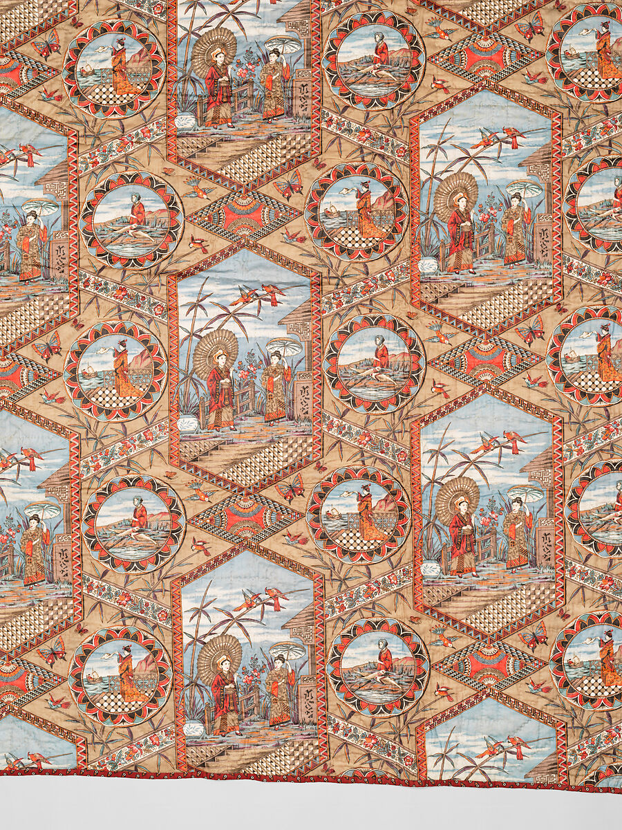 Thirteen-patch block quilt with Japanesque backing fabric, Unknown Maker, American, Cotton, American