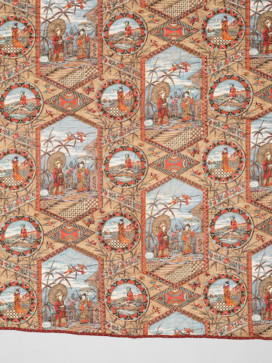 Thirteen-patch block quilt with Japanesque backing fabric, Unknown Maker, American, Cotton, American