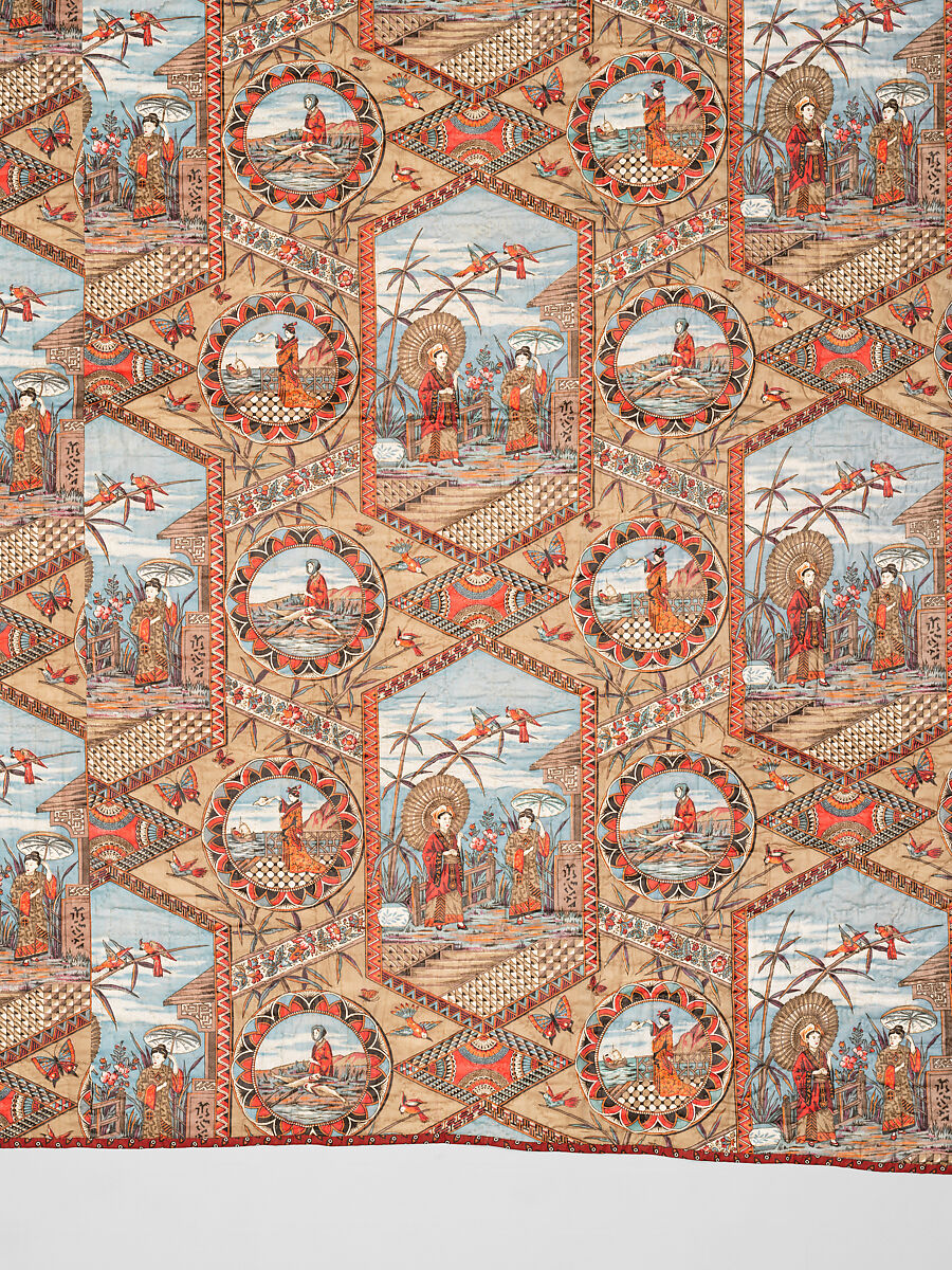 Thirteen-patch block quilt with Japanesque backing fabric, Unknown Maker, American, Cotton, American