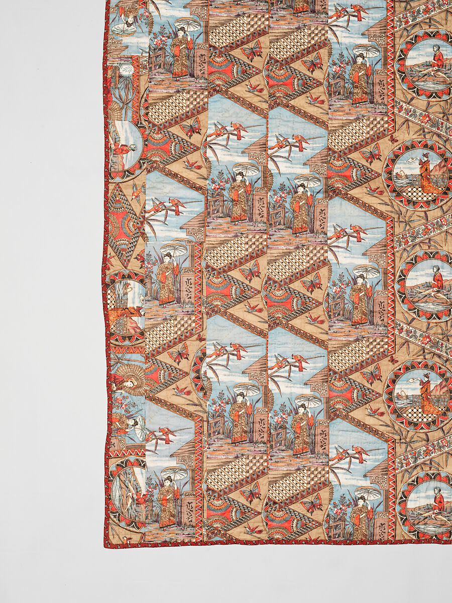 Thirteen-patch block quilt with Japanesque backing fabric, Unknown Maker, American, Cotton, American