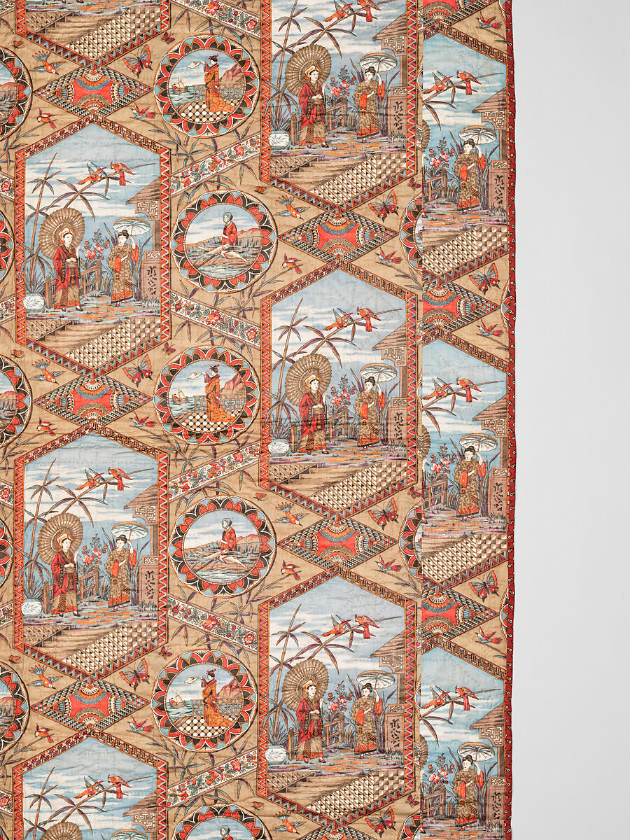 Thirteen-patch block quilt with Japanesque backing fabric, Unknown Maker, American, Cotton, American