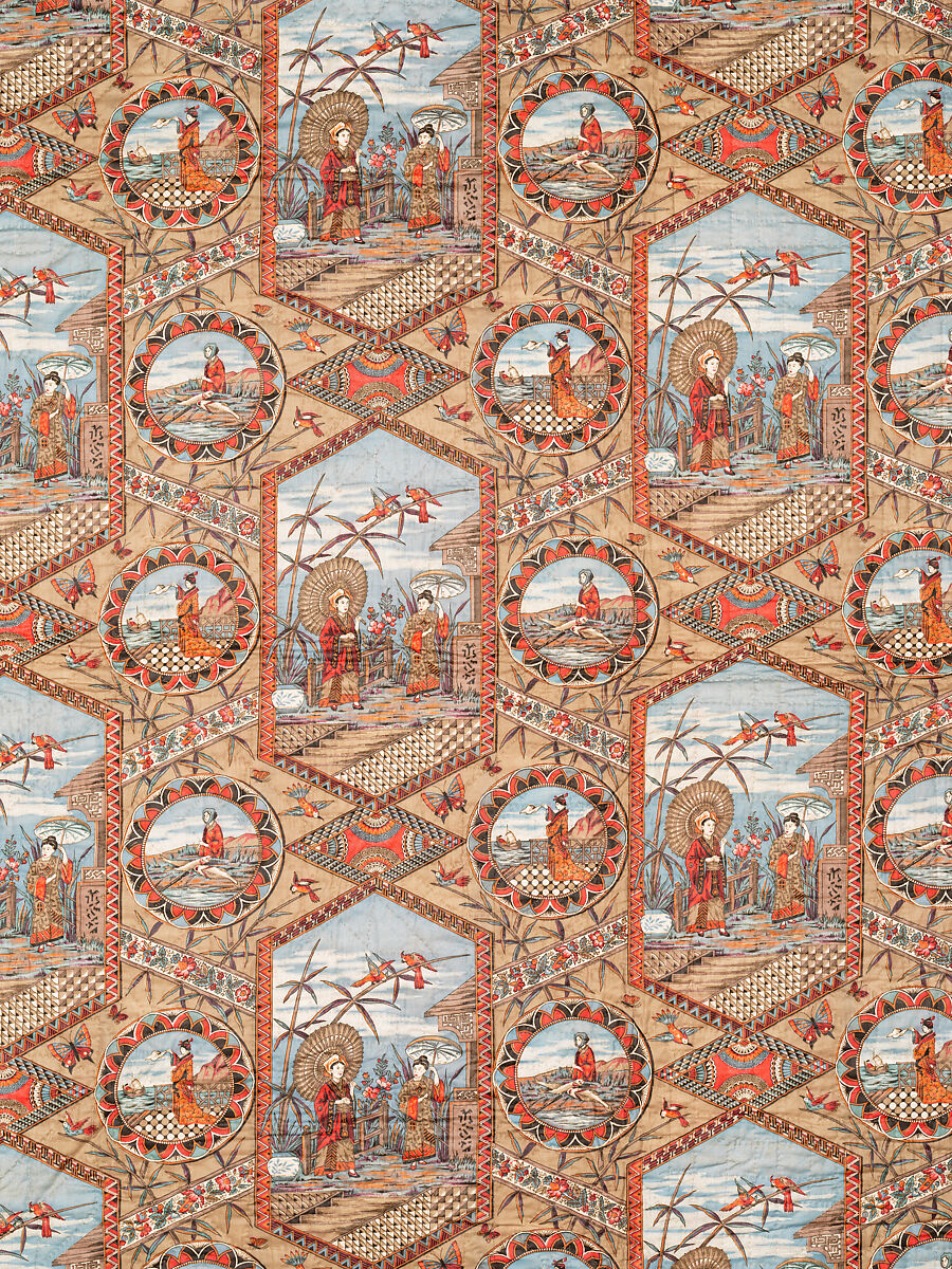 Thirteen-patch block quilt with Japanesque backing fabric, Unknown Maker, American, Cotton, American