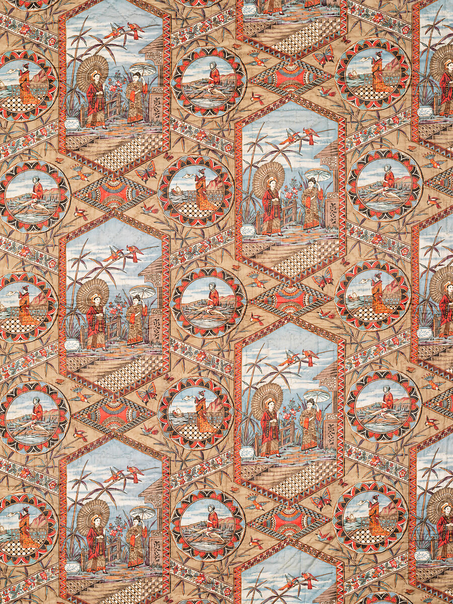 Thirteen-patch block quilt with Japanesque backing fabric, Unknown Maker, American, Cotton, American