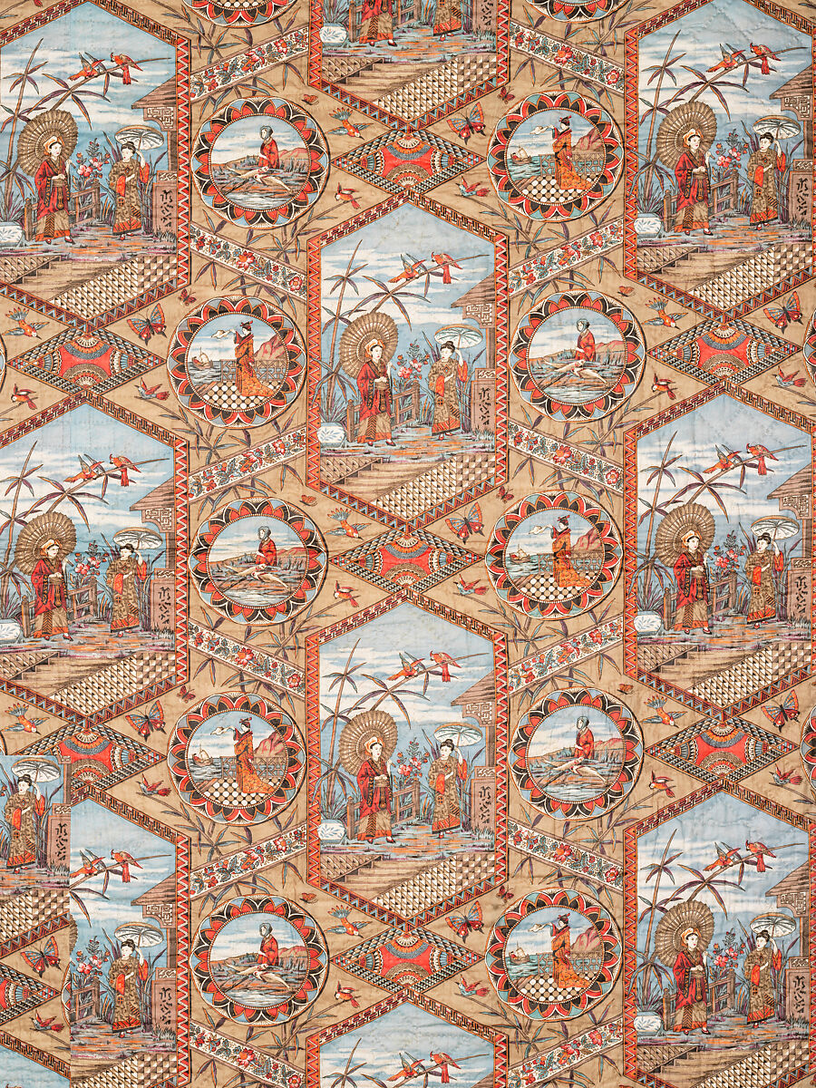 Thirteen-patch block quilt with Japanesque backing fabric, Unknown Maker, American, Cotton, American