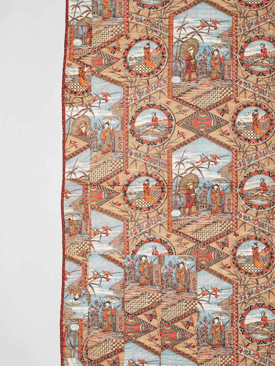 Thirteen-patch block quilt with Japanesque backing fabric, Unknown Maker, American, Cotton, American
