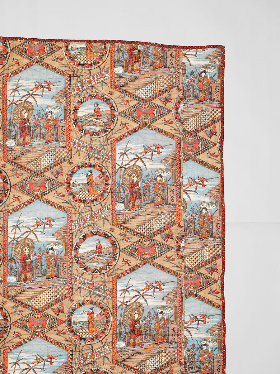 Thirteen-patch block quilt with Japanesque backing fabric, Unknown Maker, American, Cotton, American