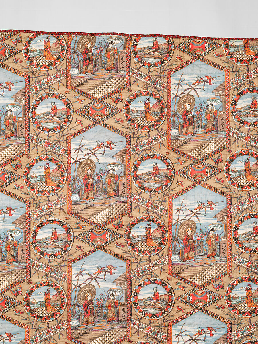 Thirteen-patch block quilt with Japanesque backing fabric, Unknown Maker, American, Cotton, American